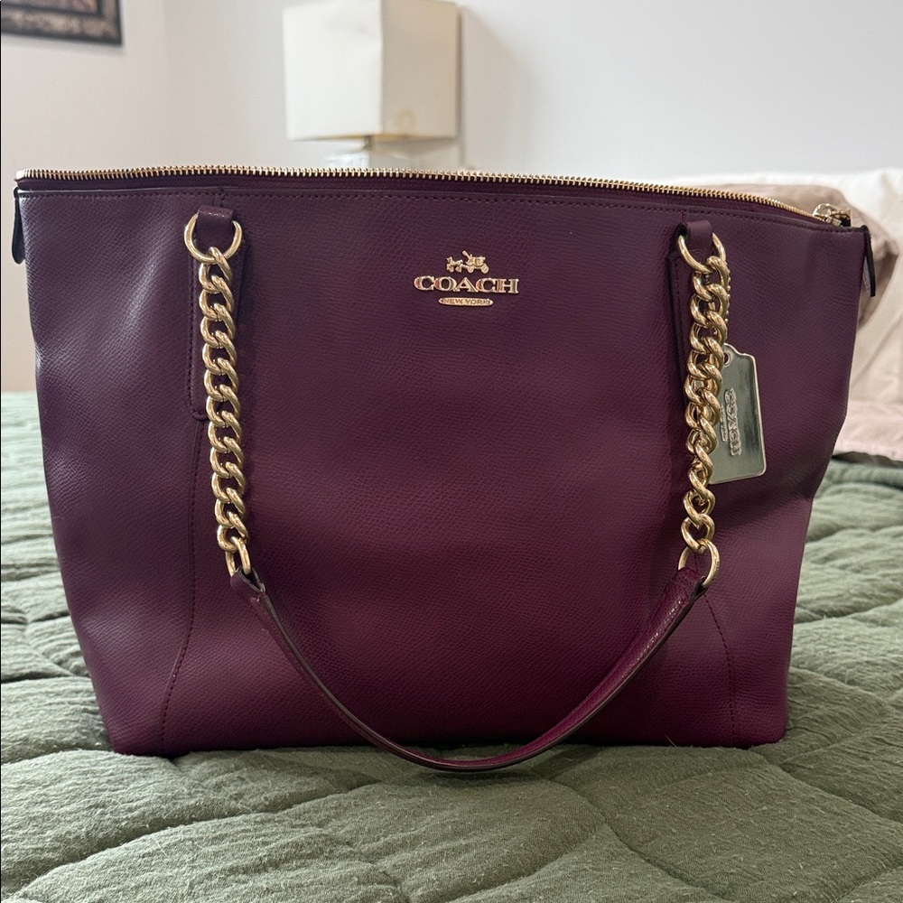 Coach Deep Purple Tote with Gold Chain Accents